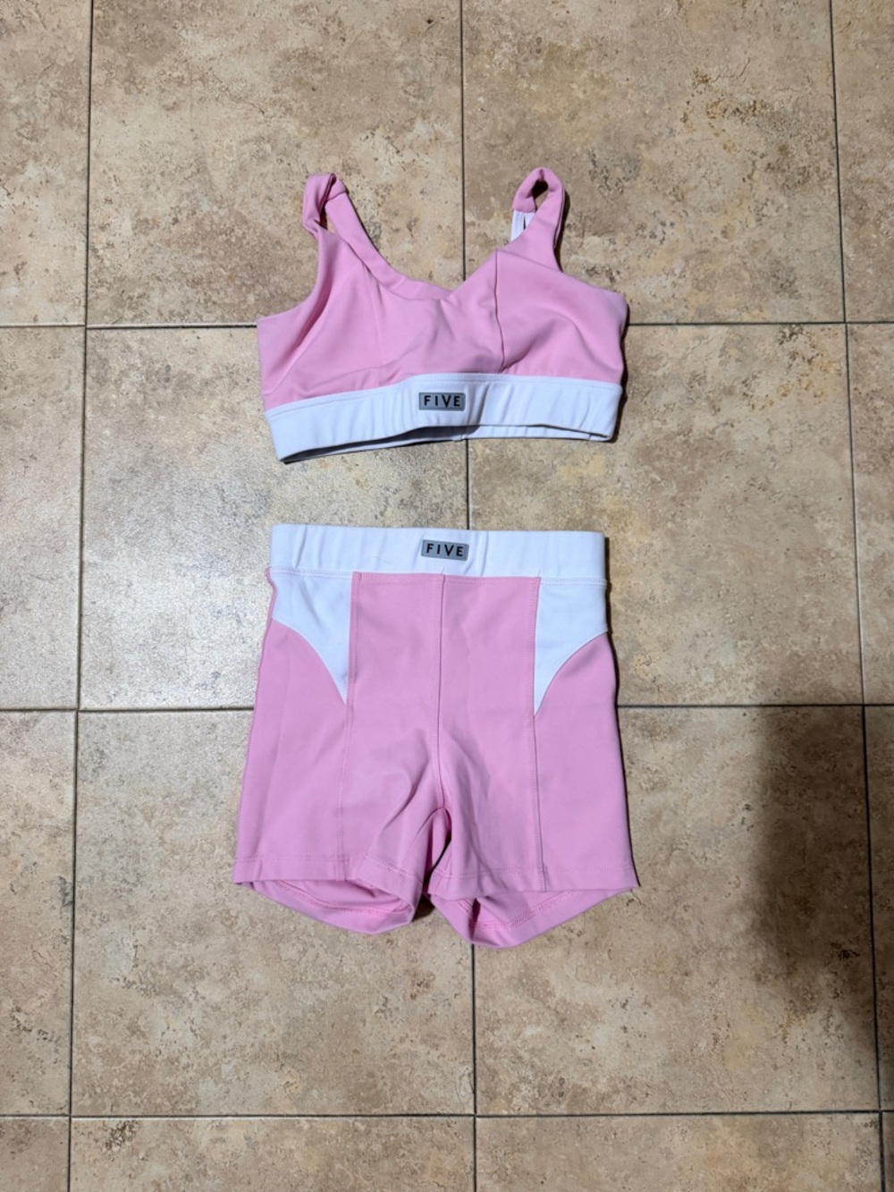 FIVE Pink & White Sports Bra and High-Waist Shorts Set